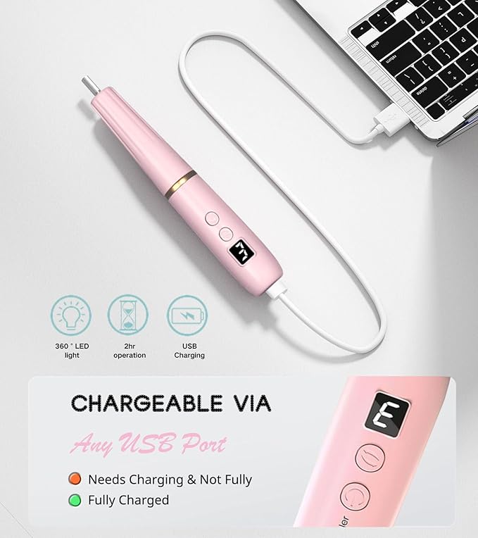 Electric Nail Drill Machine File Efile Set for Acrylic Gel Nails Portable Nail Drill Machine Kit Rechargeable Pedicure Tools for Hand Feet Manicure Pedicure Tools Polishing Set (Pink)