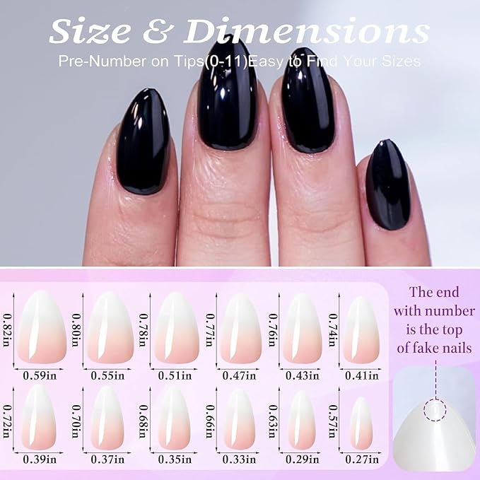 Black Press On Nails Almond -Short Press On Nails with Nail Glue, Fit Perfectly & Natural Reusable Stick On Nails in 12 Sizes - 24PCS Soft Gel Glue On Nails Kit