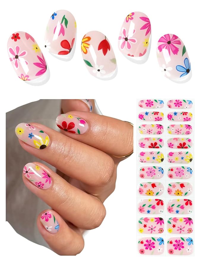 Semi Cured Gel Nail Strips (Cute Flower), 20 Pcs Summer Pink Gel Nail Wraps, Stickers, UV Light Required, Salon Quality, Long Lasting