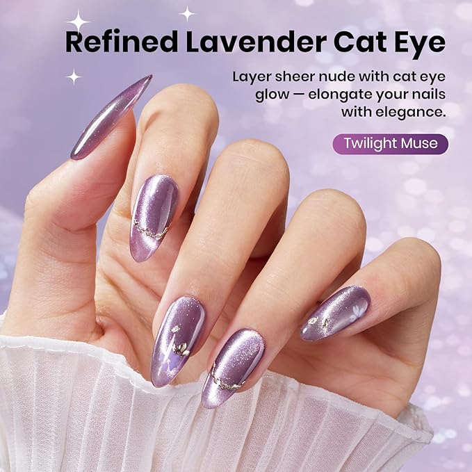 Beetles Twilight Muse Purple Cat Eye Gel Nail Polish - 15ML Purple Cat Eye Gel Polish Glitter Magnetic Translucent Glassy Effect Soak Off UV French Nail Art Design DIY Manicure Winter Gifts for Wome
