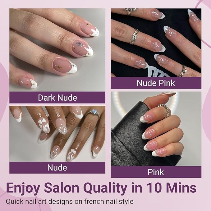 Gel French Tip Nails Short Almond French Tip Press on Nails SXVME White French Nail Tips 300Pcs Pre-applied Tip Primer Natural Nude Fake Nails Extensions Gel Nail Kit for Women Girls DIY