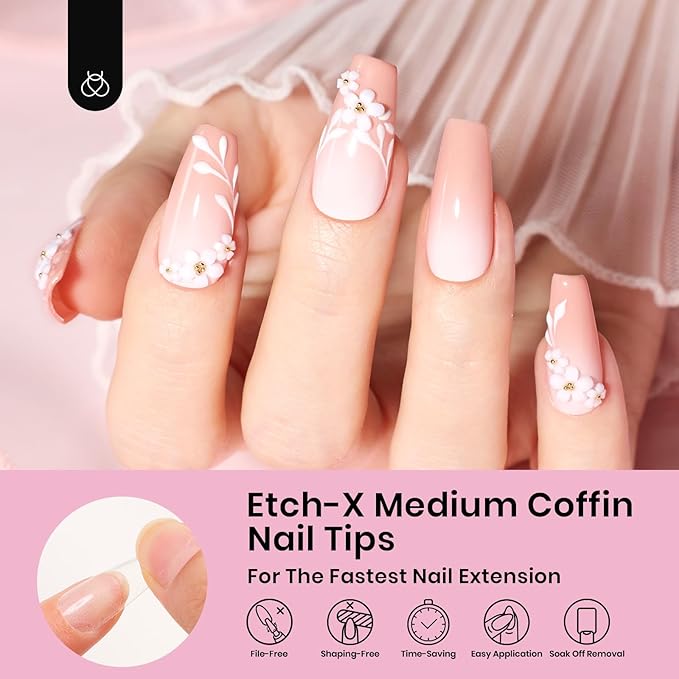 Beetles Gel Nail Tips Medium Coffin 576PCS Etch X Nail Tips, 12 Sizes Pre Shaped Half Matte Press On Nails Full Cover False Nails Acrylic Nails Glue on Nails Extensions Set for Women Home DIY