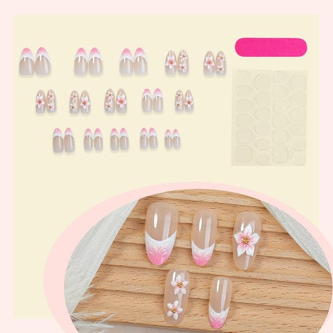 Press on Nails Medium Almond Fake Nails Nude French Artificial Nail 3D Flowers Stick on Nail for Women 30pcs