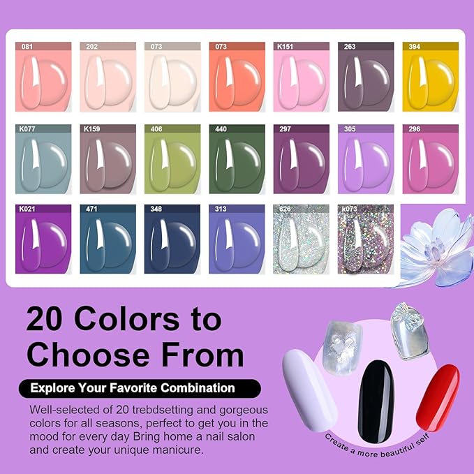 31 Pcs Dip Powder Nail Kit, 20 Colors Glitter Nude Pink Green Gray Dip Powder Liquid Set with Top/Base Coat Activator for French Nails Art Manicure DIY Salon, No Needed Nail Lamp Curing