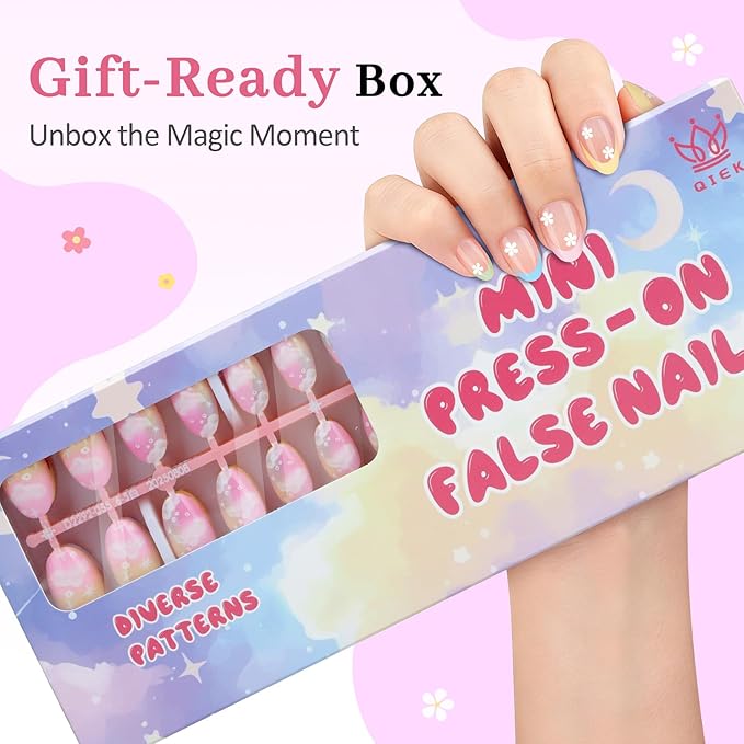 16 Sizes 128 Pieces Press on Nails for Kids, 4 pack Kids Nail Kit Colorful Flower Almond Fake Nail Tips for Girls 8-12 Years Old with Jelly Nail Adhesives & Nail Glue Birthday Easter Gifts