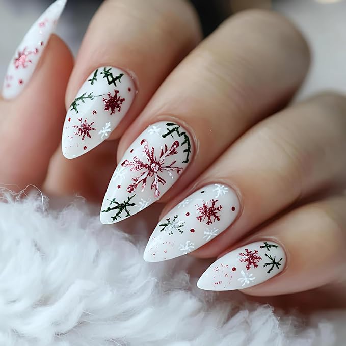 Christmas Press on Nails MABKJLF Medium Almond Fake Nails Green Twig False Nails with Snowflake Designs Full Cover Glossy Glue on Nail Winter Reusable Acrylic Nails for Women Girls 24Pcs