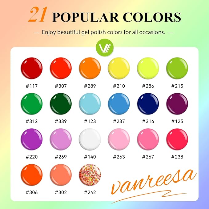 VANREESA 24 Pcs Gel Nail Polish Set, 21 Colors Bright Gel Polish with Base Coat Glossy & Matte Top Coat Red Orange Yellow Green Blue Pink Purple Gel Polish Kit Nail Kit Gifts for Women