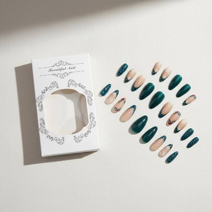 Press On Nails Almond Christmas, French Tip Press on Nails Short, Glue On Nails for Women Gift, Supremely Fit Natural Reusable Stick On Nails in 12 Sizes -24 Fake Nails Kit, French Dark Green