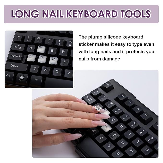 80pcs Raised Keyboard Sticker for Long Nails, Self-Adhesive Keycap Riser with Letter Decals, Silicone Keyboard Cover for Nail Art Typing Gaming- Clear
