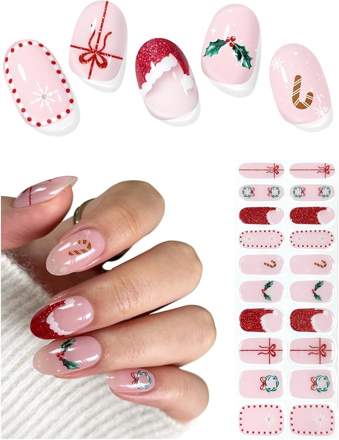 Semi Cured Gel Nail Strips (Cute Christmas), Red Santa Hat, 20 Pcs Gel Nail Wraps, Stickers, Wreath, Snowflake, Candy Cane, Works with Any UV Lamps