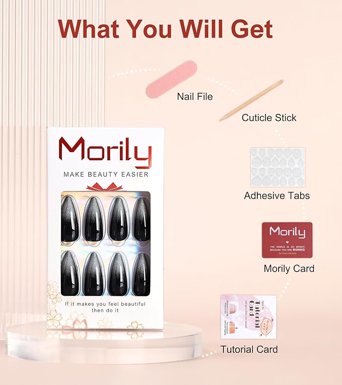 Morily Black Stiletto Press on Nails, 24Pcs Chrome Ombre Fake Nails Medium Length Glossy Artificial False Nails with Designs Long Reusable Stick on Nails for Women