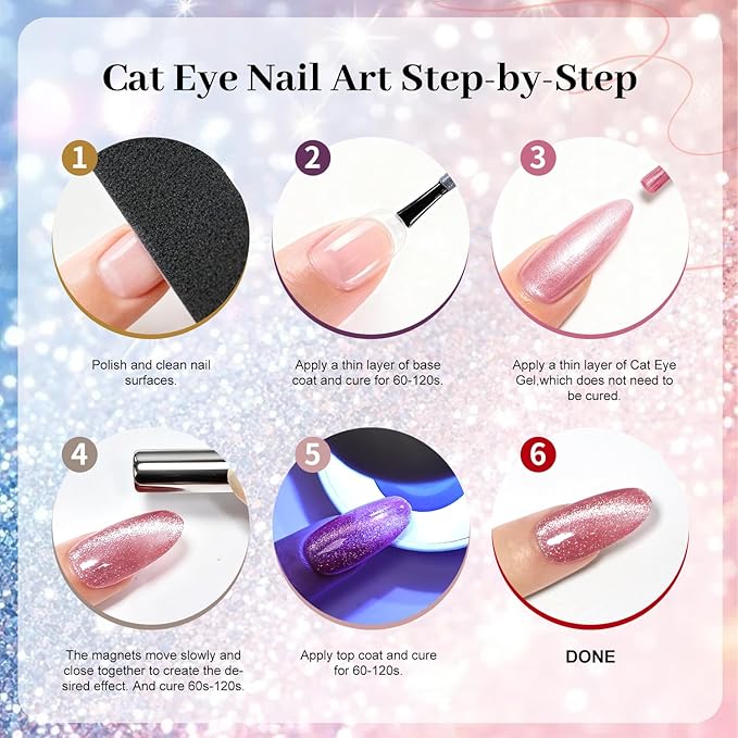 JODSONE Cat Eye Gel Nail Polish Set 10 Colors Red Purple Silver with Magnetic Base Coat Top Coat Magnetic Effect Sparkle Stunning Soak Off U V Manicure Gifts