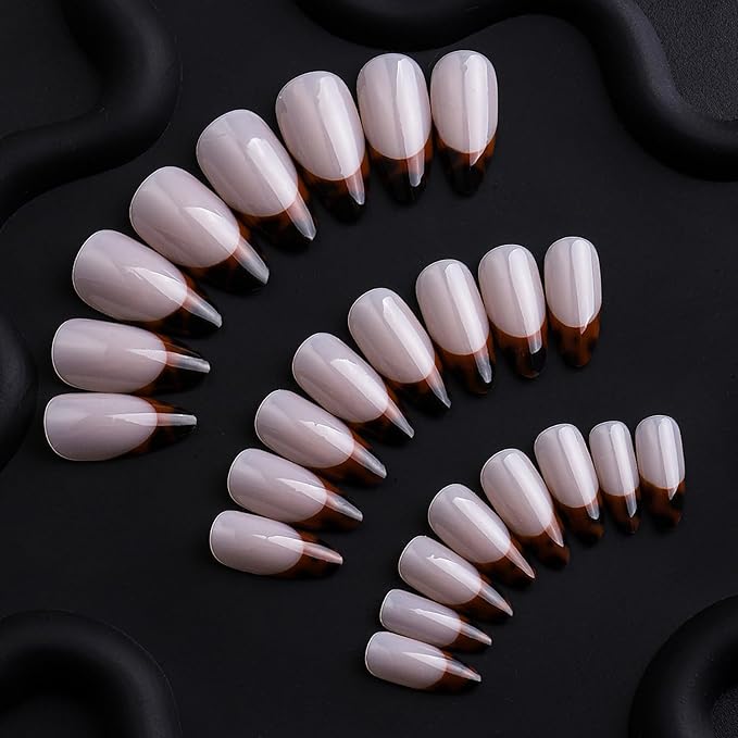 Fall Press on Nails Medium Almond MABKJLF French Tip Fake Nails False Nails with Leopard Print Designs Glossy Glue on Nail Autumn Full Cover Acrylic Nails for Women Girls 24Pcs