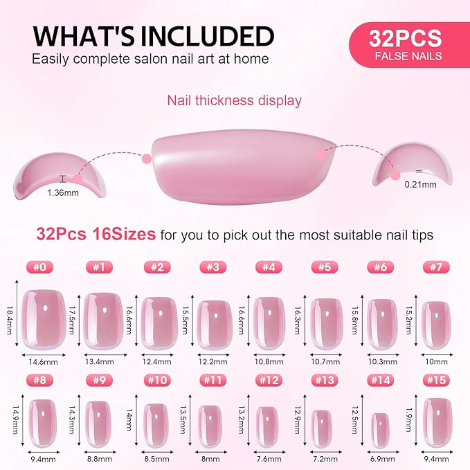 Press On Nails Short - Findigit Pink Glossy Press On Nail Ons Square, Chrome Glazed Glue On False Nails, Stick On Nails in 16 Sizes - 32 Soft Gel Fake Nail Kit, Pink Glazed