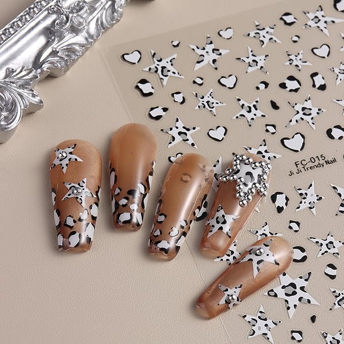 Leopard Print Nail Stickers Fall 5D Embossed Nail Art Stickers Autumn Nail Decals with Stars Designs Brown Pink DIY Self-Adhesive Nail Art Supplies 4 Sheet