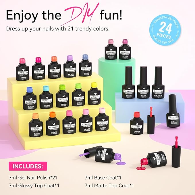 VANREESA 24 Pcs Gel Nail Polish Set, 21 Colors Gel Polish with Base Coat Glossy & Matte Top Coat Pink Orange Yellow Green Blue Purple Gray Nail Polish Set Nail Kit Gifts for Women