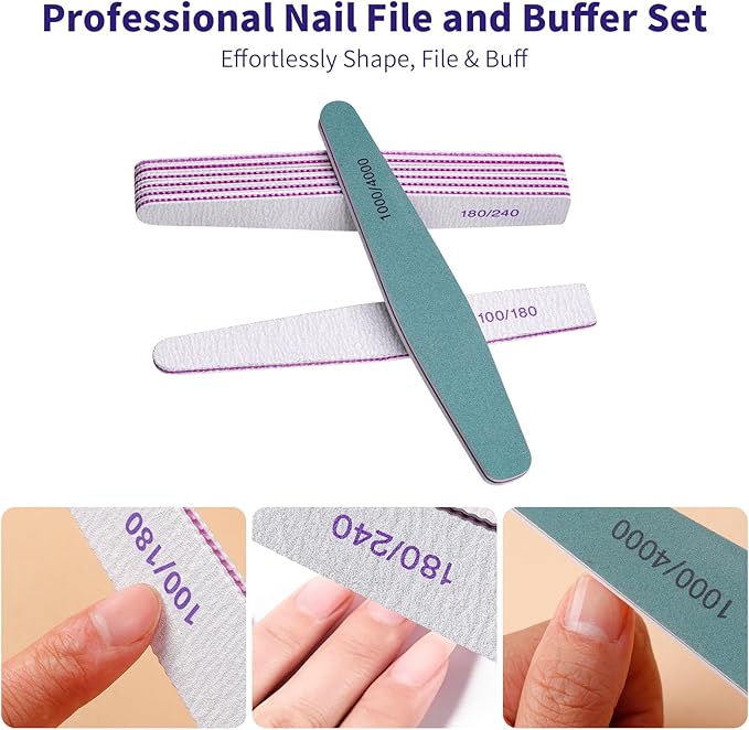 14PCS Nail File and Buffer Set, 100/180 180/240 Grit Emery Boards for Acrylic Gel Natural Nails, with 1000/4000 Grit Buffer Block for High Shine, for Women