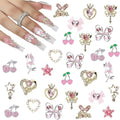 3D Nail Charms,36Pcs Love Heart Star Cherry Butterfly Bow Flower Nail Rhinestone Charms,Metal Alloy Nail Art Decorations for Manicure Design Accessories DIY Crafts (Gold Pink 36pcs)