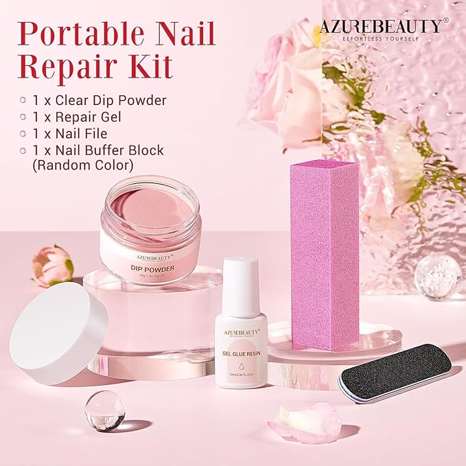 AZUREBEAUTY Nail Repair Kit for Broken Cracked Split Weak Nails, Emergency Easy Quick Fix Crystal Jelly Pink Transparent Dip Powder 28g /1 Oz Quick-Drying Repair Glue 10ml with Nail File & Nail Buffer