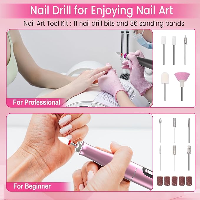 Electric Nail Drill Professional, 35000RPM Cordless Acrylic Nail Kit for Nail Polish Remover, Nail Filer Electric Manicure and Pedicure kit (Rose Pink)