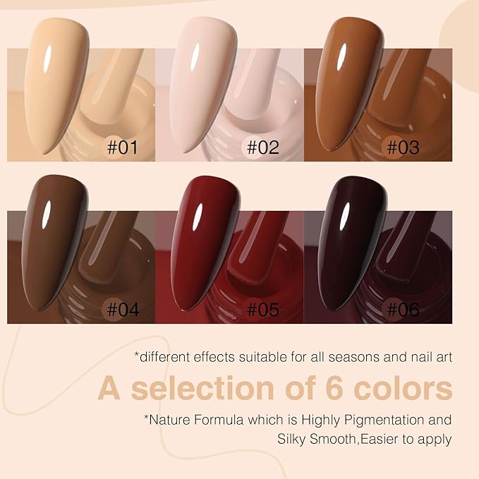 6Pcs 12ml Gel Nail Polish Set with Nude Brown, Gel Polish Kit for Salon DIY at Home, Soak Off LED UV Gel Nail Polish, Gifts for Women Girls