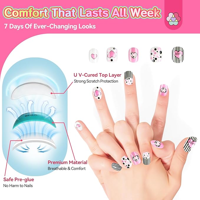 SAVILAND Glamkids Press on Nails for Kids: 7 Days Of Ever-Changing Looks Kids Press on Nails Gentle Fake Nails Pre Glue Full Cover Nails for Christmas Gift Party PlayfulNails