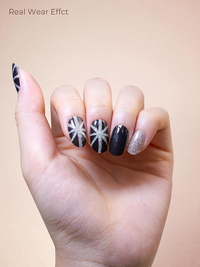 Pre Cured Gel Nail Strips - 44PCS Salon Quality Gel Nail Stickers - Long Lasting Polish Wraps for Women no UV Light Needed Easy Apply & Remove (Sultry Black