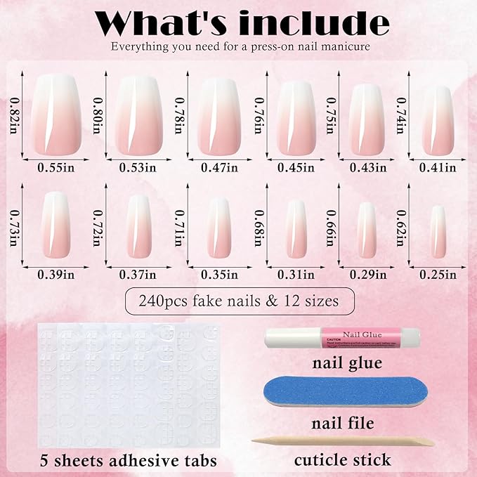 AddFavor 240pc Ombre Coffin Press on Nails Medium Fake Nails - Glue on Nails Coffin Acrylic Nails Press ons Nail Tips Medium Stick on Nails with Nail Glue and Adhesive Tabs for Women