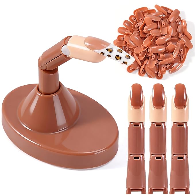 Practice Finger for Acrylic Nails, 3PCS Adjustable Nail Practice Hand Finger with Base Stand and 100PCS Brown Nail Tips, Practice Hand for Home Salon DIY Beginner(Brown)