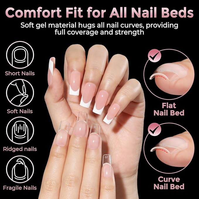 Medium Square Nail Tips, 240pcs Soft Gel Pre-Shaped Acrylic Fake Nails, Half Matte Full Cover Clear Gelly Press on Flase Nail Tips for Extension Nail Manicure Home DIY 12 Sizes Gelly Tips