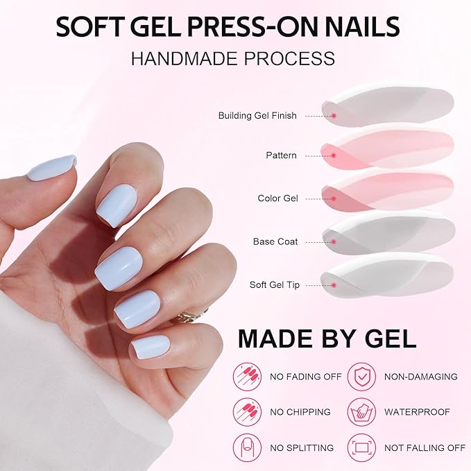 Press On Nails - Findigit Short Square Blue False Stick Glue On Nails, Reusable Stick On Fake Nails with Glue Salon Quality 16 Sizes - 32 Nail Kits, Blue Cream
