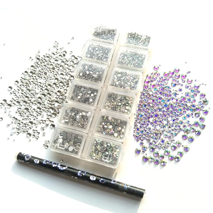 7400pcs Nail Rhinestones Flatback Crystals AB Clear Glass Charms Gems Stones Diamonds for Nails Crafts DIY Nail Art Decoration with Wax Picker Pencil and Box Mix SS 3 6 8 10 12 16 (1.3-4.0) MM