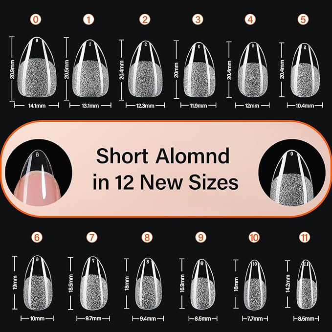 Misssix Short Almond Gel x Nail Tips Kit, 504Pcs Pre Etched Clear Fake Nails, Full Cover False Nail 9-in-1 Gel Glue and Portable Mini U V Nail Lamp for Women 12 Sizes