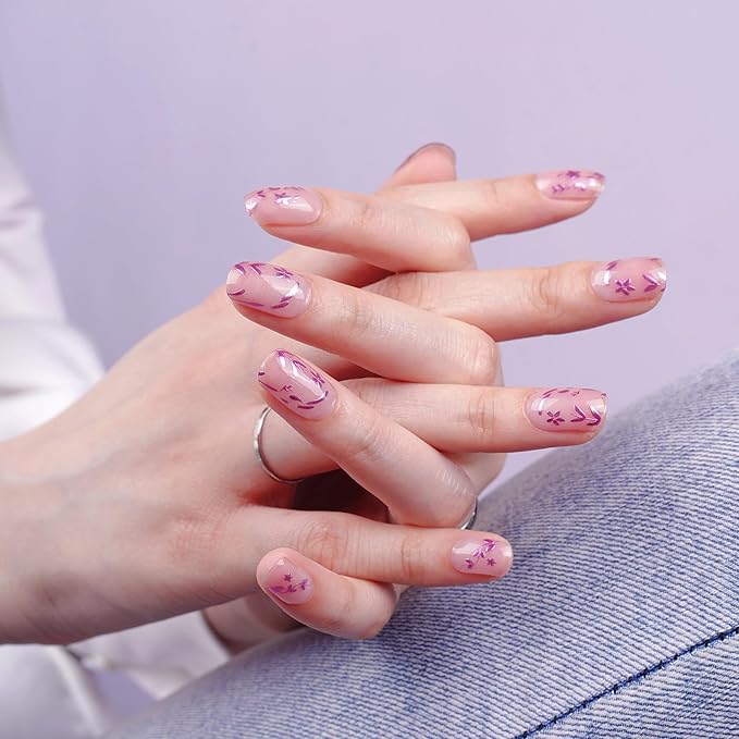 DANNI & TONI Semi Cured Gel Nail Strips Floral (Lavender Chrome) Rose Pink Mirror Flower Gel Nail Wraps Transparent Base Gift for Woman