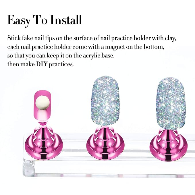 2 Set Nail Stand for Painting Press Nail Holder Acrylic Magnetic Tips Training Fingernail Display Stands DIY Crystal Holders and 96 Pieces White Reusable Adhesive Putty(Metal Pink and Silver)