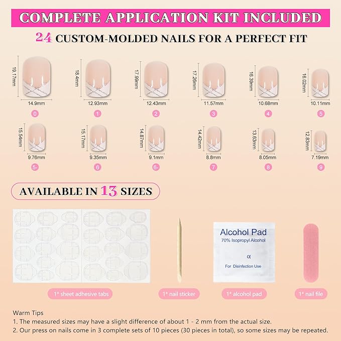 Nude Natural French Nail Fake Nails Short Length Designed False Nails Press On White Silver Glitter Tips