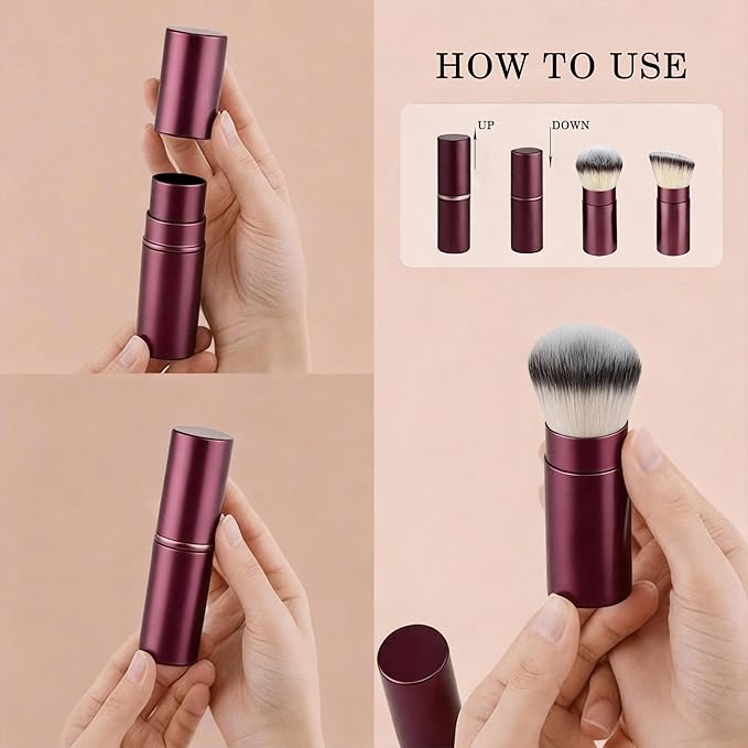 WOKOTO 2 PCS 2-in-1 Retractable Brushes - Nail Art Dust Remover for Acrylic Nails, Round & Angled Makeup Brushes for Foundation & Cream, Burgundy Handle Dust Brush, Travel-Friendly Aluminum Tube