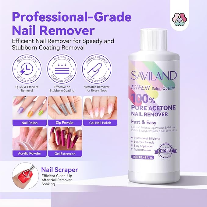 SAVILAND Pure Acetone Nail Polish Remover Kit: 8.45 oz Fingernail Gel Polish Remover Kit with Cuticle Oil, Buffer, Files and Scraper Tools for Quick, Gentle Removal of Acrylic Dip Powder & Gel Nails