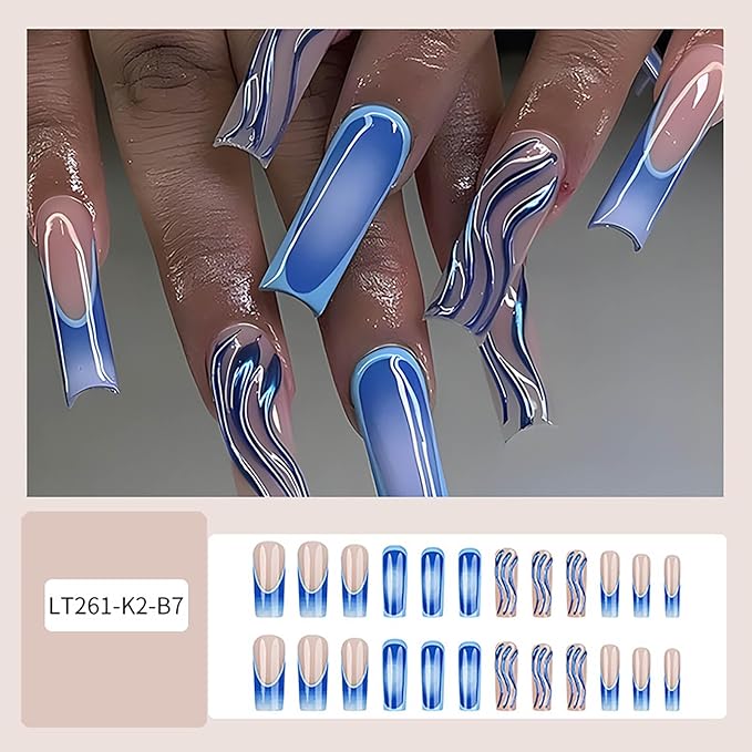 Square Press on Nails Long Blue Ombre Fake Nails with Design French Tips Nail Glue on Nail Glossy Acrylic Nails Press ons Cute False Nails for Women Manicure 24pcs