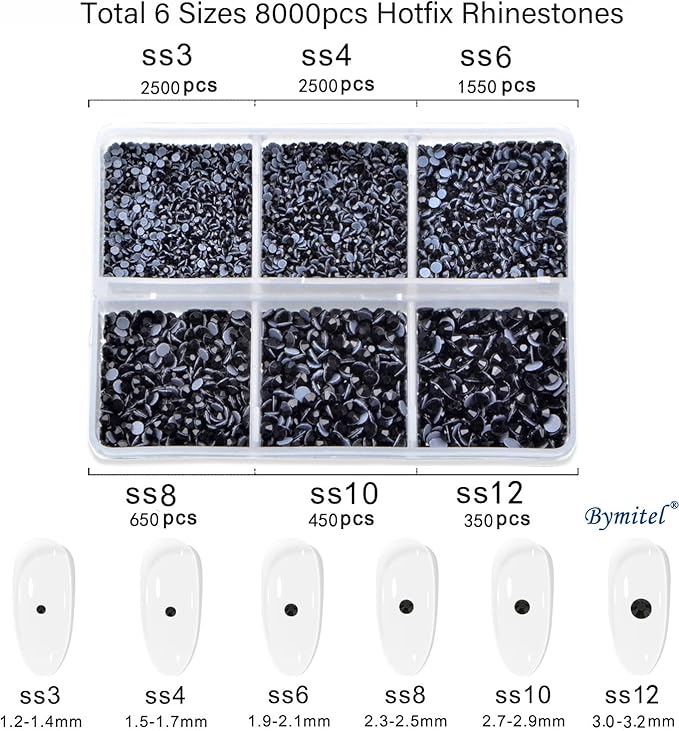 Bymitel Hotfix Crystal Rhinestones Round Gems for Crafts,Mixed 6 Sizes with Wax Pencil Kit, Black1.3-3.2mm(SS3-SS12/8000pcs)