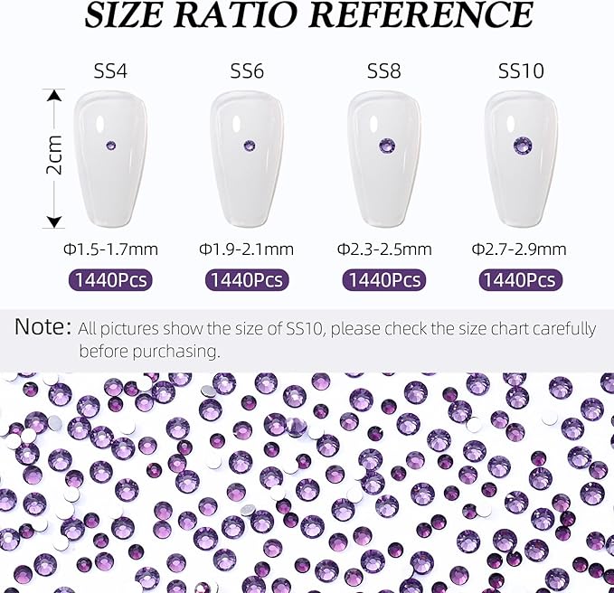 Tanzanite Flatback Rhinestones, Glass Rhinestones for Nail Art and Craft, Glue Fix, Loose Crystal Gemstones(Tanzanite, SS10, 1440pcs, 2.7-2.8mm)