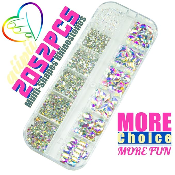 2052Pcs Crystal AB Nail Rhinestones AB Crystal Nail Charms 72 Multi Shapes Flatback Rhinestones Big Nail Art Gems +1980 Round Beads K9 Glass Stones Diamonds Jewels for Nails Faces Eyes Makeup