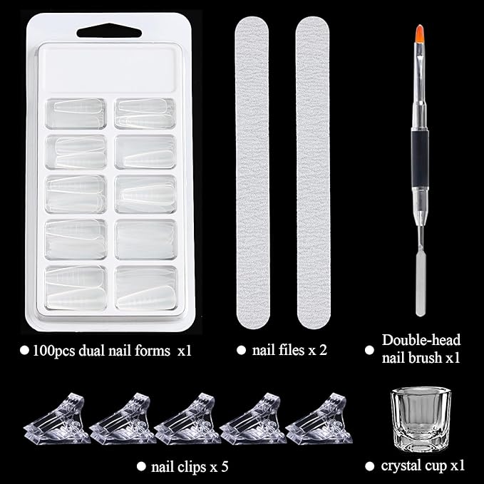 Dual Forms For Polygel,100pcs Ballerina Nail Forms For Builder Gel 10 Sizes Poly Gel Nail Tips Acrylic Extension Nail Mold Set With Brush/Clip/File/Crystal Cup,Manicure Kit For Beginner