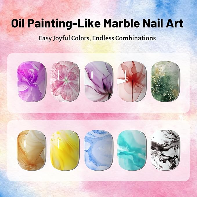 JODSONE Marble Nail Polish, Blooming Gel Marble Ink for Nails 12 Colors Blue Purple Pink Ink Magic Watercolor Blooming Marble Effects Gel Nail Polish at Home DIY Nail Art Flower Design