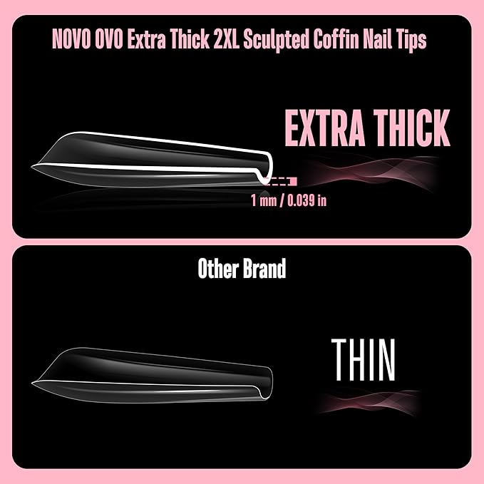 NOVO OVO Sculpted XXL Coffin Nail Tip for Curved Nail Beds, Extra Thick Long False Nails Press on, Full Cover Soft Gel Extension Fake Nail for Acrylic kit, Clear X 15 Sizes 300pcs