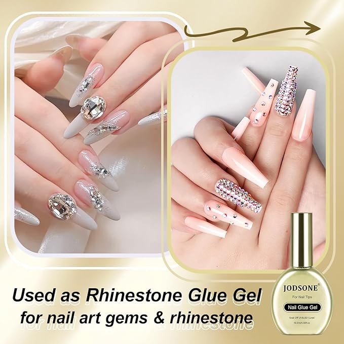 JODSONE Nail Glue Gel - 16.5ml 4-in-1 Formula for Tips, Base Coat, Builder Gel & Rhinestones. Achieve Long-Lasting, Salon-Quality Art at Home Requires U V Light Curing