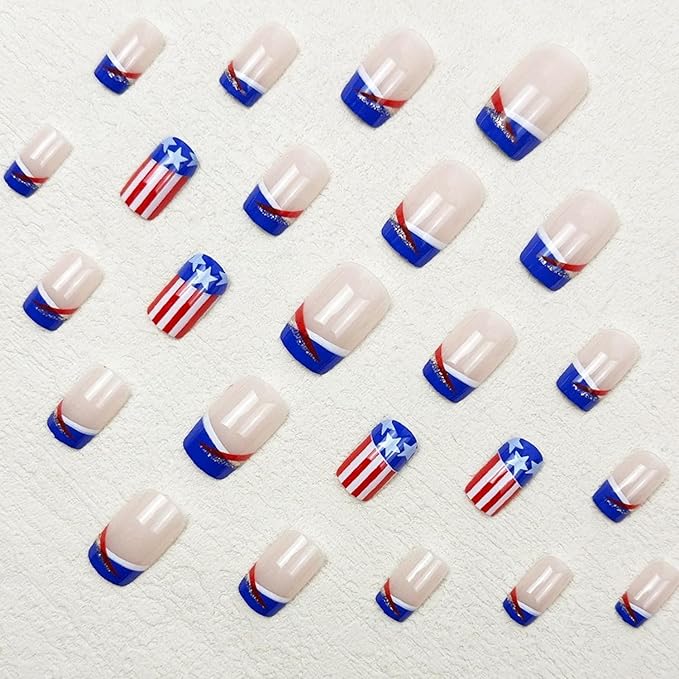 4th of July Press on Nails Medium Square MABKJLF Blue French Tip Fake Nails Stars False Nails with Stripes Glitter Designs Glossy Glue on Nails Acrylic Nails for Women Girls 24 Pcs