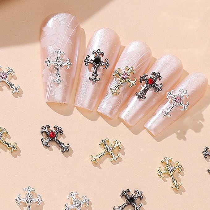 3D Cross Nail Charms, 60 Pcs Gold Silver Crystal Cross Nail Decorations for Nail Art, Metal Nail Rhinestones Cross Charms for DIY Design and Jewelry Making (60pcs Gold + Silver)