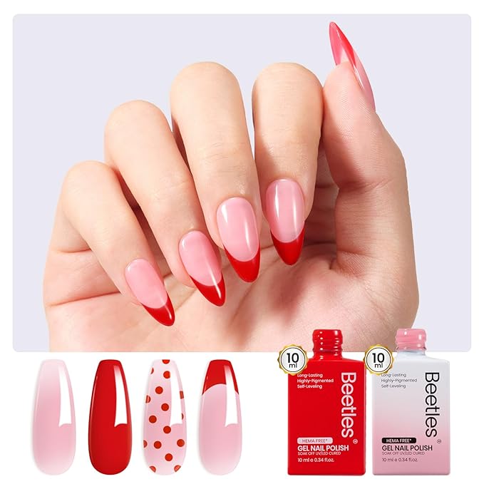 Beetles French Tip Gel Polish - Dusky Rose, 2 Colors Red & Jelly Pink Gel Nail Polish Set with Base Coat Top Coat, Soak Off UV LED French Nail Kit, Spring Nails Complete for Beginner & Professional