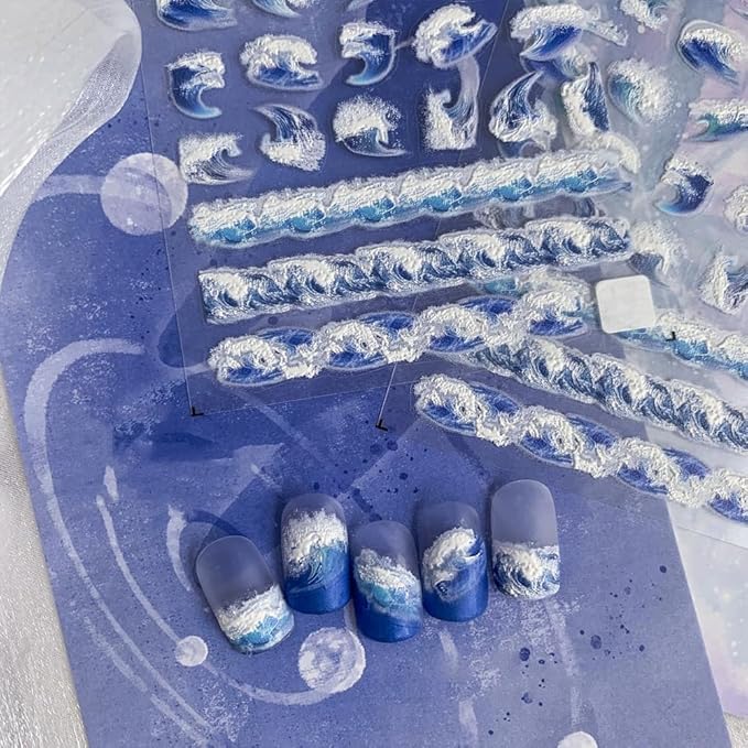 3Sheets Ocean Wave Nail Art Stickers, Blue and White Design, Water Pattern Nail Decals
